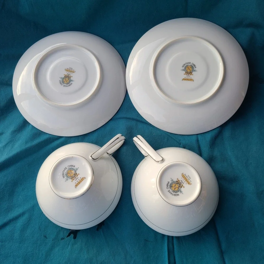 Noritake Margot 5605 Tea Cups Saucers Set of 2 White Pink Rose MCM Vintage Japan